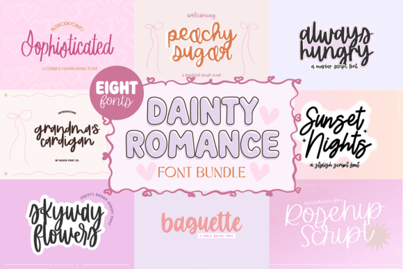 Dainty Romance Script Bundle: 8 Enchanting Fonts for Elegant Design